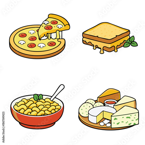 Pizza slice with mushrooms and pepperoni, grilled cheese sandwich, creamy macaroni and cheese, and assorted cheese platter on wooden board