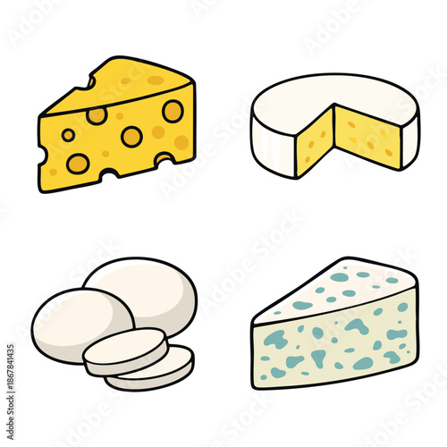Cheddar cheese, brie cheese, mozzarella cheese, and blue cheese illustration set on white background