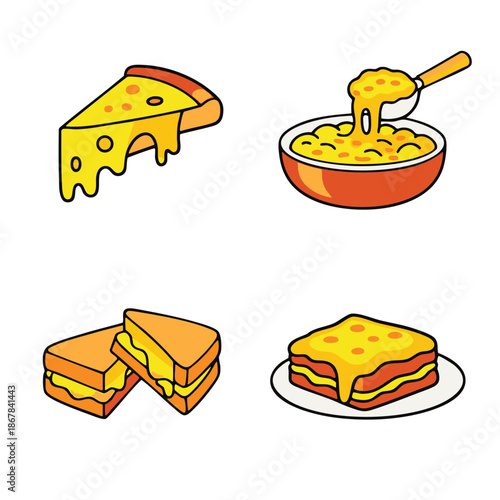 Cheesy pizza slice, creamy macaroni and cheese, grilled cheese sandwich, and layered cheesy lasagna in cartoon style with vibrant colors and appetizing appearance
