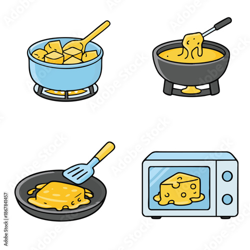 Melting cheese in pan, skillet, and microwave with gooey texture and golden color, showing cooking process and delicious transformation in various kitchen tools