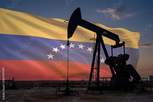 Silhouette of oil pump jack against flag of venezuela representing petroleum industry economy