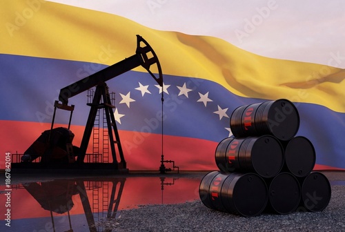 Oil pump jack and barrels against waving venezuela flag representing petroleum industry economy