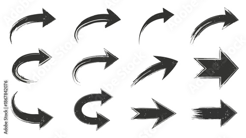 Set of black grunge arrows in different shapes and directions on a white background, isolated and ready for use