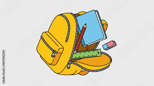 Bright yellow open backpack illustration filled with essential school supplies, including a notebook, pencil, ruler, and eraser, representing education and learning readiness