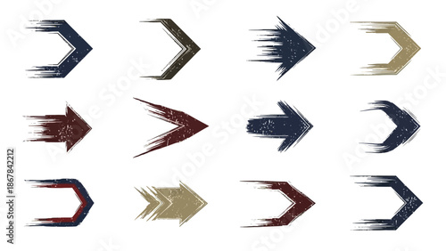 Set of grunge style arrow icons in various colors, perfect for web design and navigation