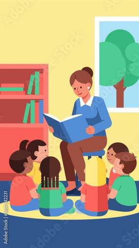 Bright kindergarten storytime A teacher reads to a group of happy children, fostering early literacy and imagination in a colorful classroom setting for young learners