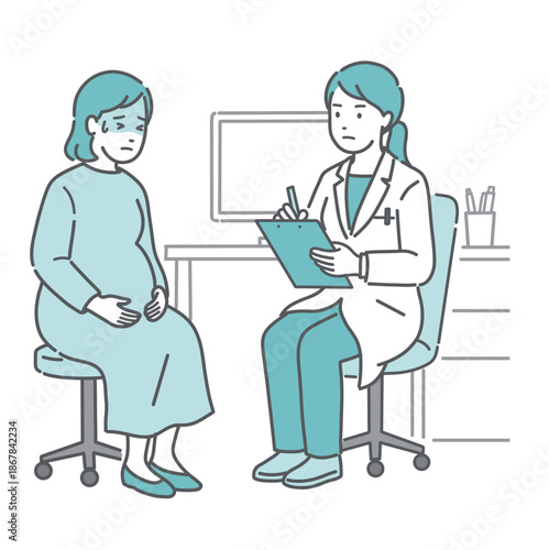 体調不良を訴える妊婦と女性医師（白衣・産婦人科）