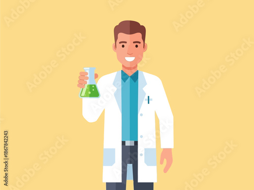 Smiling Male Scientist in Lab Coat Presents a Flask with Green Liquid, Embodying Successful Scientific Experimentation, Research, and Discovery in a Laboratory Setting