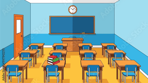 Classroom setting illustration with desks, chairs, a blackboard, and a clock, evoking an academic or educational environment
