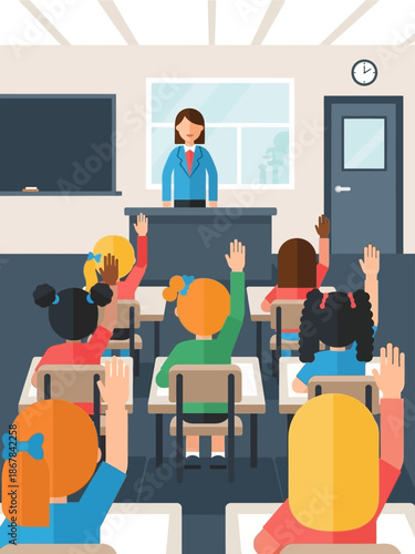 Engaged students actively participate in a vibrant classroom discussion, raising their hands to answer the teacher's questions during an interactive learning session