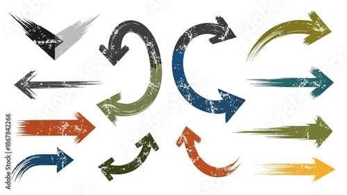 Collection of grunge-style arrow illustrations isolated on white, a diverse set of pointing symbols
