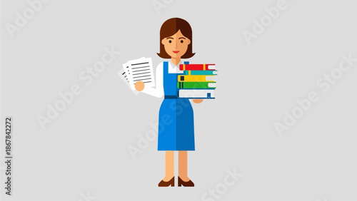 Diligent female professional effectively managing a significant workload, balancing books and documents, symbolizing organization and continuous knowledge acquisition