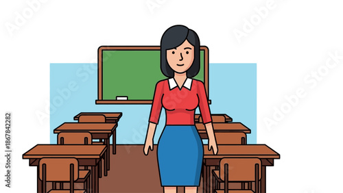 Teacher standing in a classroom with desks and a blackboard, illustration