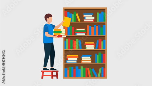 A young man organizing books on a tall bookshelf, placing a yellow book at the top