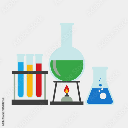 Scientific laboratory equipment including flasks, beakers, and test tubes, with a Bunsen burner heating a liquid in a flask