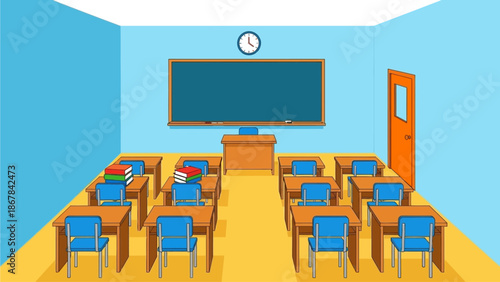 Bright and organized empty classroom illustration, featuring student desks, a blackboard, and a clock, symbolizing education and readiness for academic learning