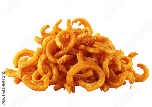 Pile of golden-brown, seasoned curly fries against a dark background