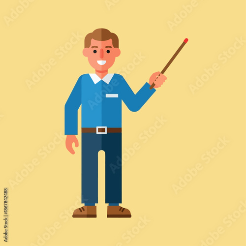 Vibrant flat design illustration of a friendly male educator presenting with a pointer, symbolizing clear professional guidance and instruction for effective learning
