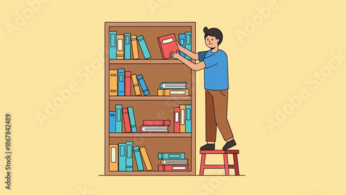 Person carefully organizing books on a vibrant bookshelf, symbolizing dedication to learning and an orderly personal library for intellectual growth and knowledge management