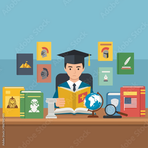 Young student's focused academic pursuit, surrounded by a wealth of books and learning tools, symbolizing dedication to knowledge and intellectual growth in education