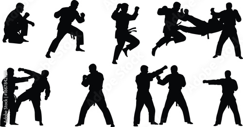 Black silhouette set of martial arts fighters performing various karate and judo moves, including kicks, punches, and throws, isolated vector illustration for sports design.