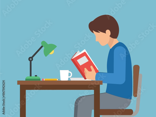 A focused young man diligently studying a book at a desk with a lamp and a cup, illustrating the pursuit of knowledge and learning