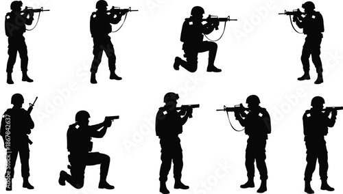 Black silhouette set of soldiers and military personnel in combat poses, holding rifles and pistols, isolated vector illustration for tactical defense design.