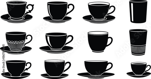 Black silhouette set of various coffee cups, saucers, and drinking glasses, isolated vector illustration icons for cafe, restaurant, and kitchen menu design.