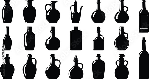 Black silhouette set of various glass bottles, wine decanters, and ceramic jugs, isolated vector illustration for kitchen, bar, and restaurant menu design.