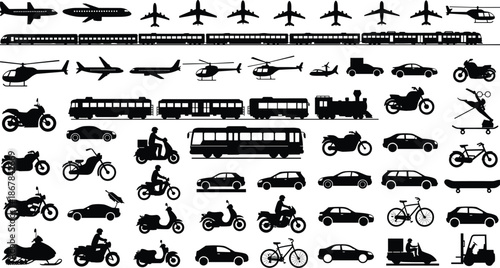 Large collection of black transport silhouettes including airplanes, trains, cars, motorcycles, buses, and helicopters, isolated vector illustration for travel and logistics design.