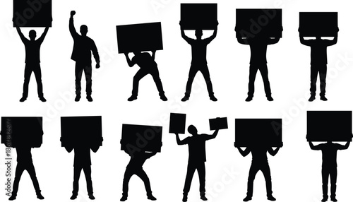 Black silhouette set of protesters holding blank placards and signs, isolated vector illustration of people manifesting at strike or political demonstration rally.