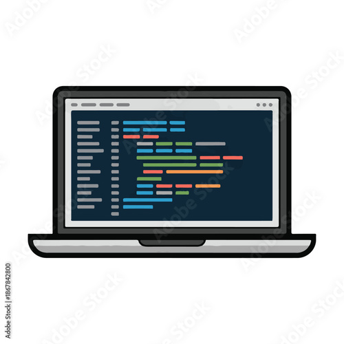 Laptop displaying colorful code on a dark screen, representing programming