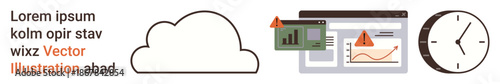 Cloud computing, data visualization, project management, time tracking, business analysis, digital tools. A cloud icon, analytics charts and a clock are . Cloud computing and data visualization