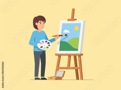 Artist painting a landscape on a canvas easel with brushes and a palette of colors, representing creativity and art