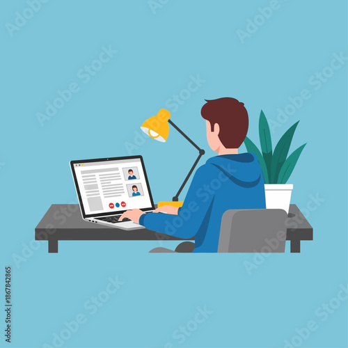 Young professional working remotely from his home office, participating in an online video conference call on a laptop, depicting modern digital collaboration