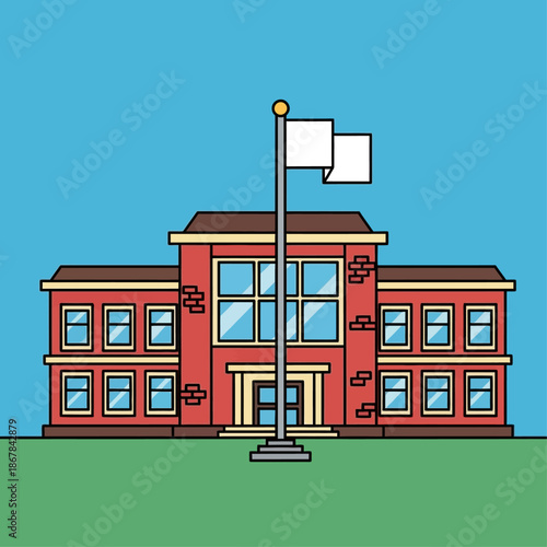 Flat vector illustration of a classic red brick school building with a flagpole and white flags, symbolizing education, academic institutions, and community learning