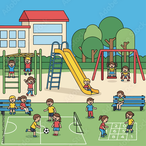 Children enjoying a sunny day playing on a vibrant playground with swings, slides, and sports activities