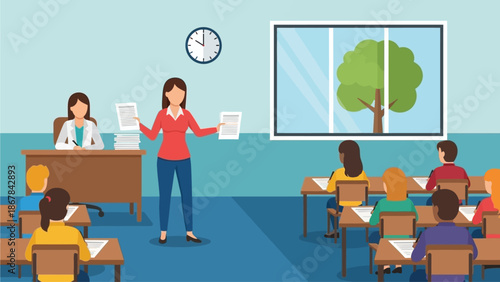 Educators guiding a diverse group of students in a modern classroom setting, fostering an engaging and interactive learning experience for academic development