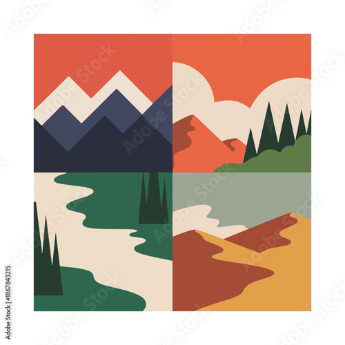 Abstract Geometric Landscapes: Mountains, Deserts, Forests, and Dunes