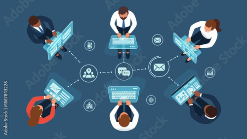 Overhead digital illustration of diverse professionals collaborating on laptops, interconnected by a network, symbolizing modern business communication and data flow.