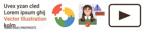 Fake news identification, digital literacy, misinformation prevention, online media, video content analysis, user authenticity. Puzzle logo, flagged person and play icon. Misinformation and digital