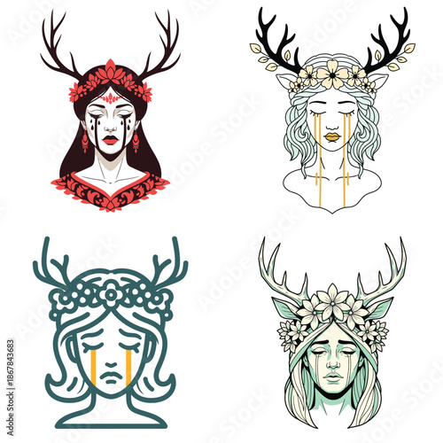Four Mystical Female Portraits with Deer Antlers and Flower Crowns