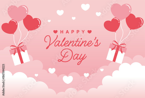 pink vector background with heart balloons and gift boxes in the sky for Valentine's Day, Wedding, etc.