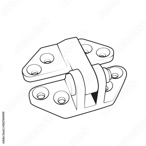Door hinge vector outline icon. Black and white line art illustration of a metal hardware mechanism isolated on white. Technical drawing suitable for carpentry, construction, or DIY instruction manual