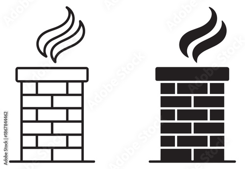 Simple chimney icon set featuring smoke rising in outline and solid styles for heating and home concepts