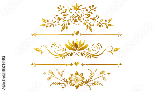 Gold text dividers doodle set. Wedding decorative elements. Divider ornament, borders, floral, vintage line separators. Hand drawn vector illustration isolated on white background. Set page dividers.