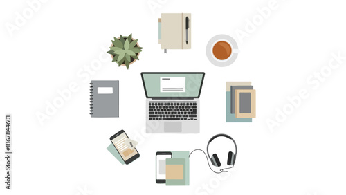 Minimalist Vector Flat Lay Illustration of Home Office and Remote Work Setup on White