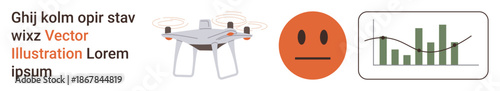 Technology, data analysis, communication, emotional expression, innovation, future trends. quadcopter with propellers, neutral face symbol and bar graph. Technology and data analysis concept