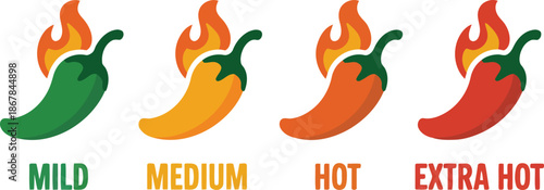 Colorful chili pepper heat scale graphic design for spicy food branding and menus.