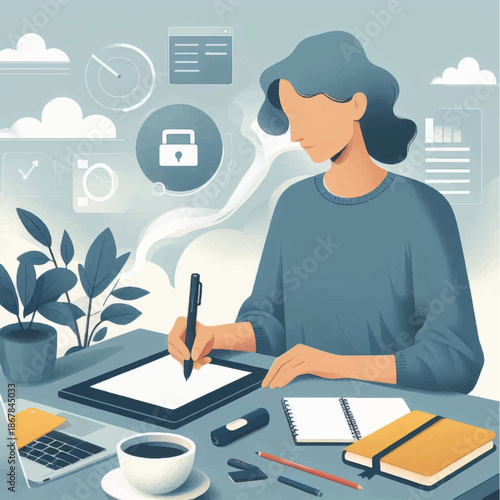 Woman Using Digital Drawing Tablet at Desk.